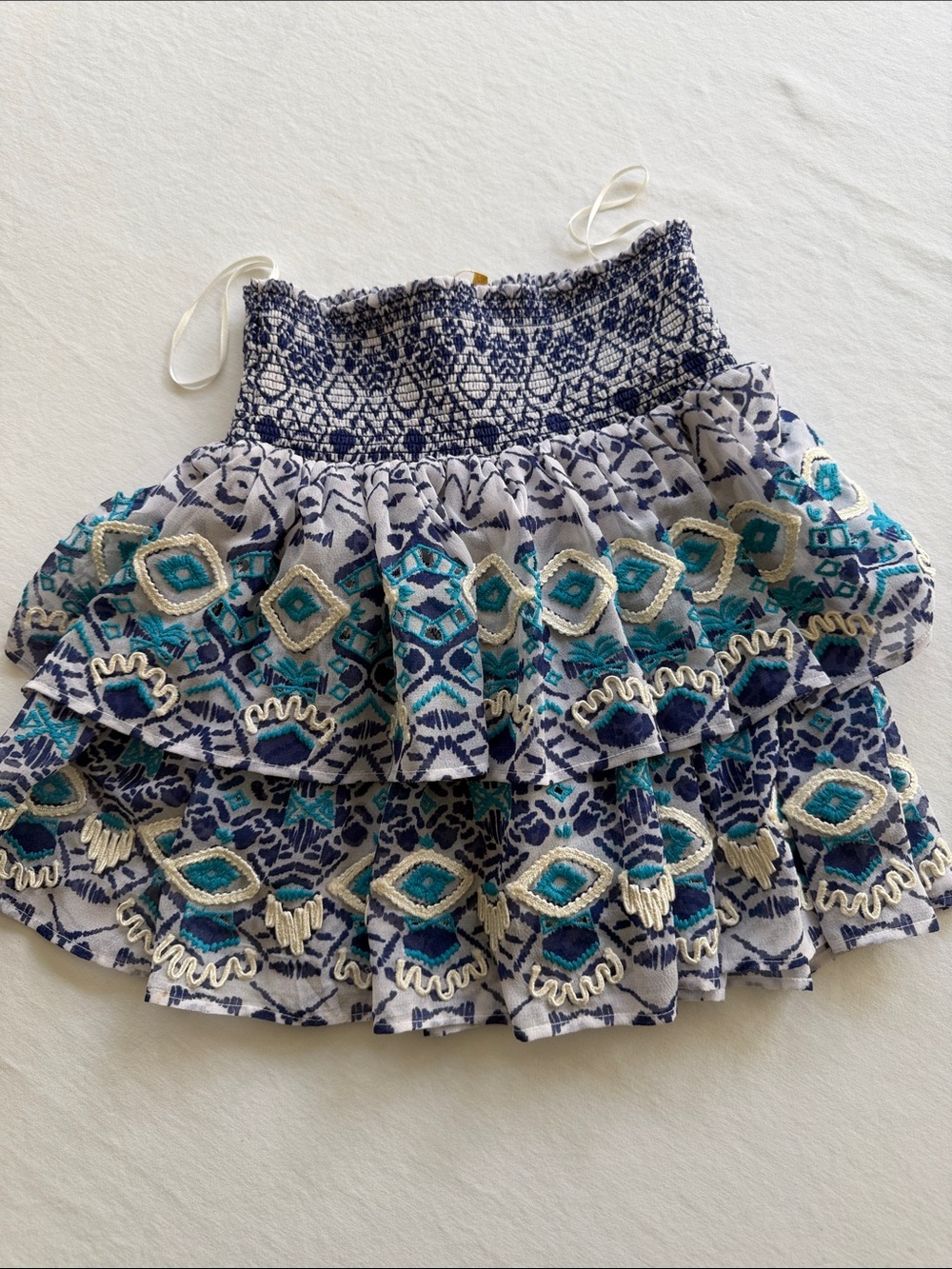 Ramy Brook Navy, Teal & Cream Embroidered Ruffle Mini Skirt